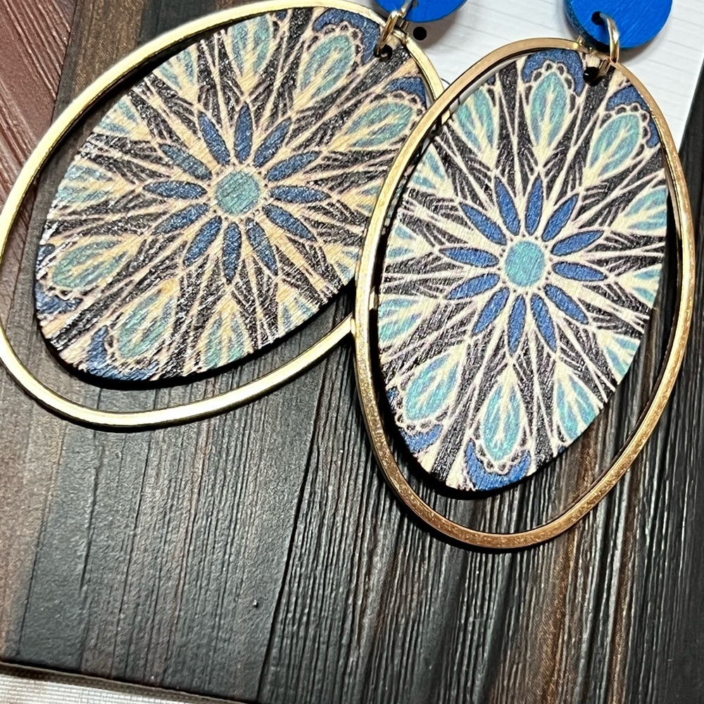 Artistic Wood Blue and‎ Gold Mandala Earrings Artsy statement bohemian coastal